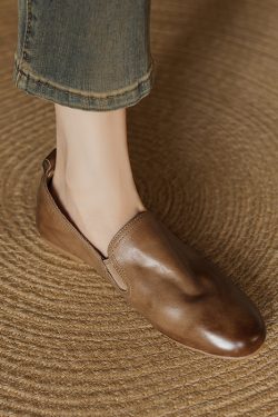 Genuine Leather Round Toe Slip-On Loafers for Women - Retro Vintage Flat Shoes