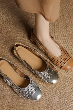 Genuine Leather Round Toe Woven Sandals for Women - Comfortable Low Heel Closed Toe Summer Footwear 2025, Versatile Style