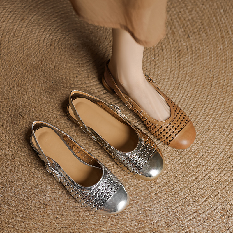 Genuine Leather Round Toe Woven Sandals for Women - Comfortable Low Heel Closed Toe Summer Footwear 2025, Versatile Style Genuine Leather Round Toe Woven Sandals for Women - Comfortable Low Heel Closed Toe Summer Footwear 2025, Versatile Style