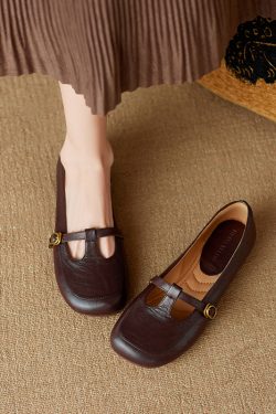 Genuine Leather Shallow Mouth Loafers for Women - Soft Bottom Flat Mary Jane Grandma Shoes in Italian Style