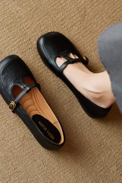 Genuine Leather Shallow Mouth Loafers for Women - Soft Bottom Flat Mary Jane Grandma Shoes in Italian Style