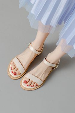 Genuine Leather Slim-Fit One-Strap Flat Casual Beach Sandals for Women - Versatile Summer 2024 Style