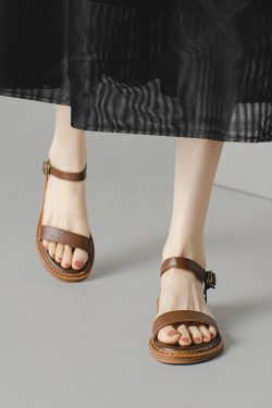 Genuine Leather Slim-Fit One-Strap Flat Casual Beach Sandals for Women - Versatile Summer 2024 Style