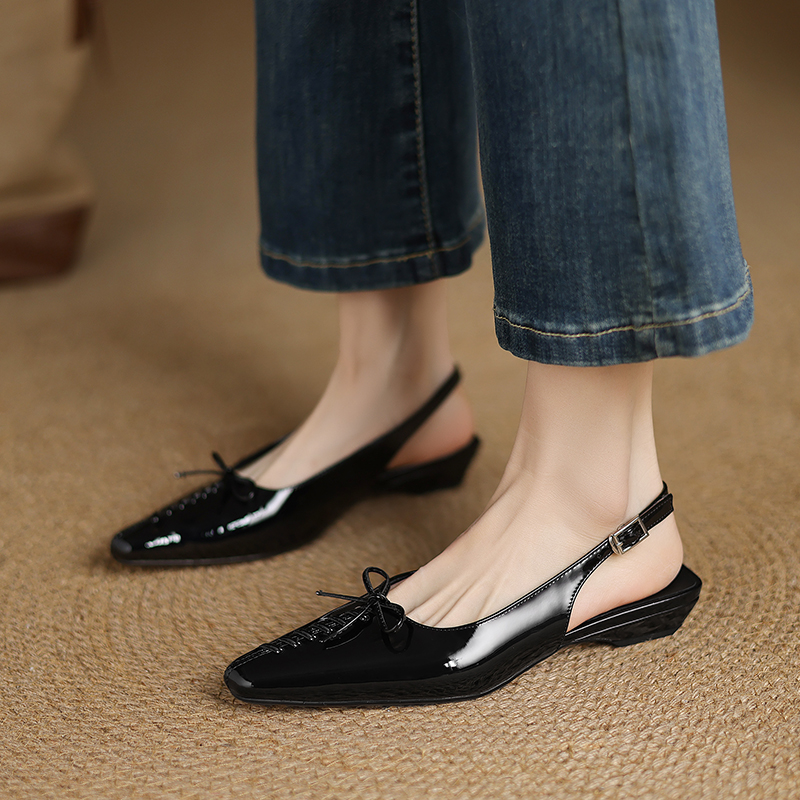 Genuine Leather Square Toe Bow Strap Sandals for Women - Summer 2025 Low Heel Closed Toe Footwear Genuine Leather Square Toe Bow Strap Sandals for Women - Summer 2025 Low Heel Closed Toe Footwear