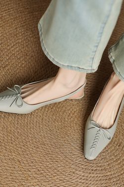 Genuine Leather Square Toe Bow Strap Sandals for Women - Summer 2025 Low Heel Closed Toe Footwear