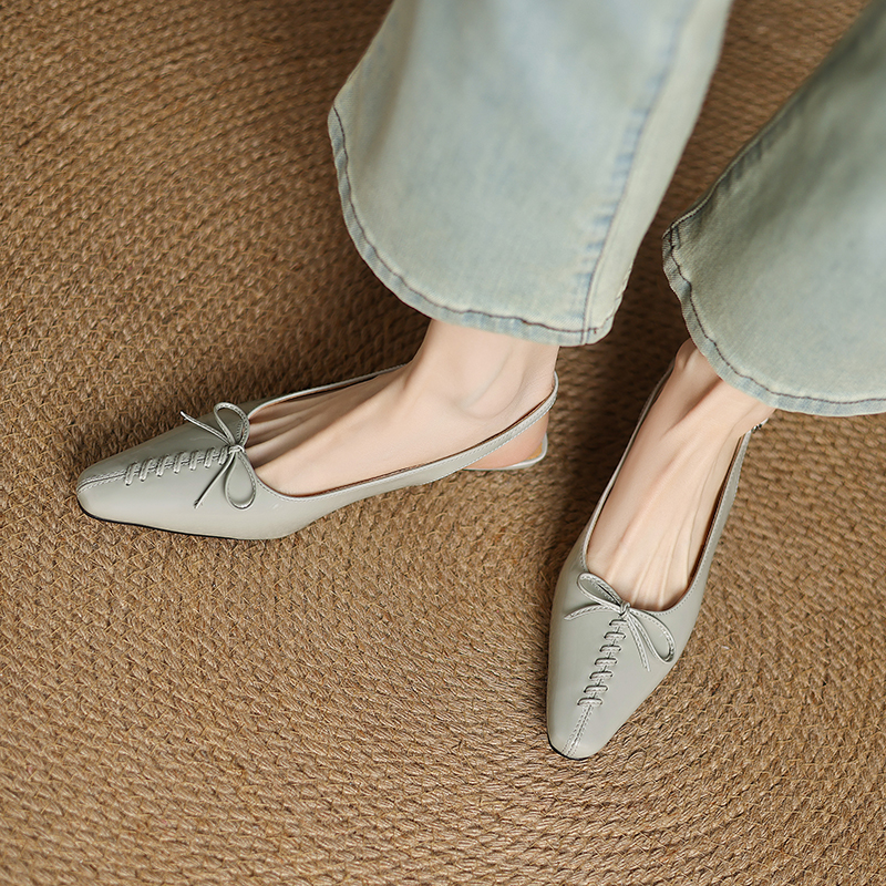 Genuine Leather Square Toe Bow Strap Sandals for Women - Summer 2025 Low Heel Closed Toe Footwear Genuine Leather Square Toe Bow Strap Sandals for Women - Summer 2025 Low Heel Closed Toe Footwear