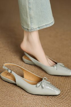 Genuine Leather Square Toe Bow Strap Sandals for Women - Summer 2025 Low Heel Closed Toe Footwear