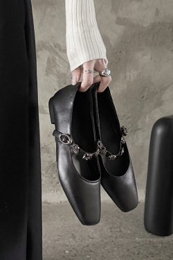 Genuine Leather Square Toe Camellia One-Strap Mary Jane Shoes for Women - Comfortable Versatile Flats for Everyday Wear