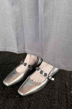 Genuine Leather Square Toe Camellia One-Strap Mary Jane Shoes for Women - Comfortable Versatile Flats for Everyday Wear