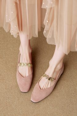 Genuine Leather Square Toe Coin Chain Mary Jane Shoes for Women - 2025 French Elegant Mid-Heel Flats, Vintage Style