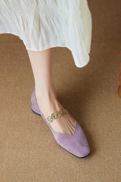 Genuine Leather Square Toe Coin Chain Mary Jane Shoes for Women - 2025 French Elegant Mid-Heel Flats, Vintage Style