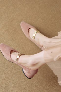 Genuine Leather Square Toe Coin Chain Mary Jane Shoes for Women - 2025 French Elegant Mid-Heel Flats, Vintage Style