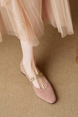 Genuine Leather Square Toe Coin Chain Mary Jane Shoes for Women - 2025 French Elegant Mid-Heel Flats, Vintage Style