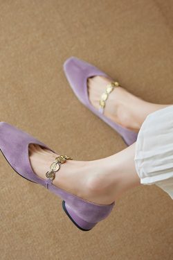 Genuine Leather Square Toe Coin Chain Mary Jane Shoes for Women - 2025 French Elegant Mid-Heel Flats, Vintage Style