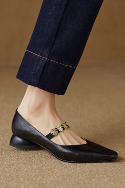 Genuine Leather Square Toe Coin Mary Jane Shoes for Women - Retro Low Heel Versatile Flats in Italian Style