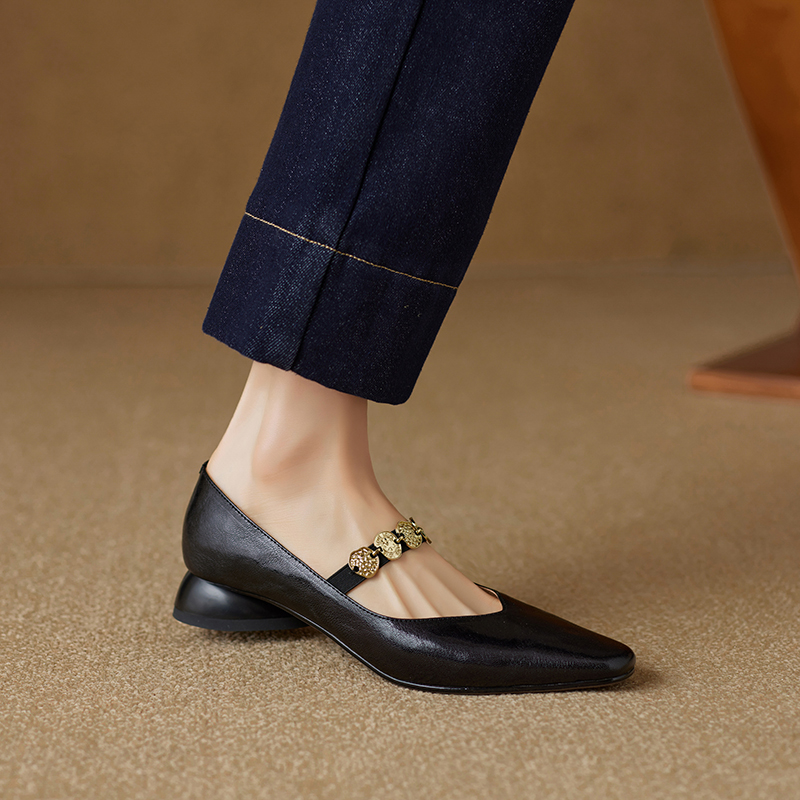 Genuine Leather Square Toe Coin Mary Jane Shoes for Women - Retro Low Heel Versatile Flats in Italian Style Genuine Leather Square Toe Coin Mary Jane Shoes for Women - Retro Low Heel Versatile Flats in Italian Style