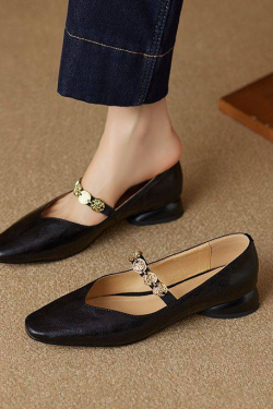 Genuine Leather Square Toe Coin Mary Jane Shoes for Women - Retro Low Heel Versatile Flats in Italian Style
