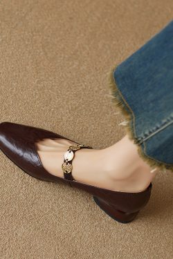 Genuine Leather Square Toe Coin Mary Jane Shoes for Women - Retro Low Heel Versatile Flats in Italian Style