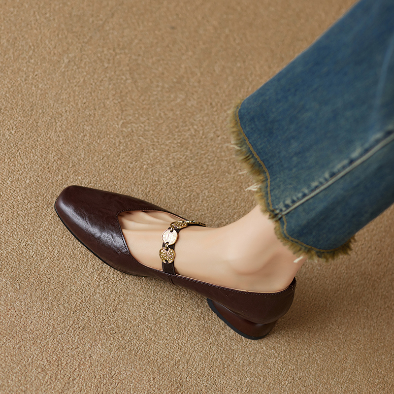 Genuine Leather Square Toe Coin Mary Jane Shoes for Women - Retro Low Heel Versatile Flats in Italian Style Genuine Leather Square Toe Coin Mary Jane Shoes for Women - Retro Low Heel Versatile Flats in Italian Style