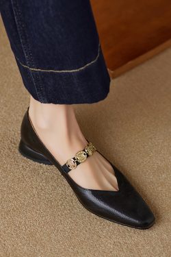 Genuine Leather Square Toe Coin Mary Jane Shoes for Women - Retro Low Heel Versatile Flats in Italian Style