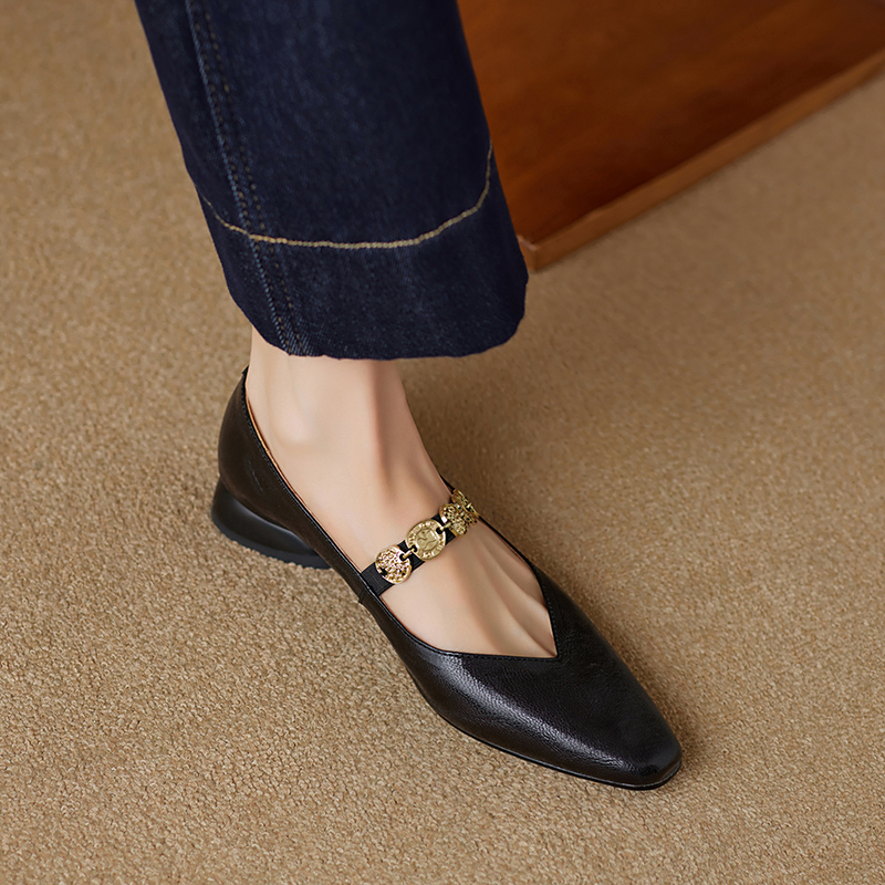 Genuine Leather Square Toe Coin Mary Jane Shoes for Women - Retro Low Heel Versatile Flats in Italian Style Genuine Leather Square Toe Coin Mary Jane Shoes for Women - Retro Low Heel Versatile Flats in Italian Style