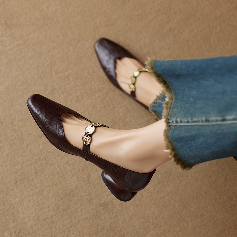 Genuine Leather Square Toe Coin Mary Jane Shoes for Women - Retro Low Heel Versatile Flats in Italian Style Genuine Leather Square Toe Coin Mary Jane Shoes for Women - Retro Low Heel Versatile Flats in Italian Style