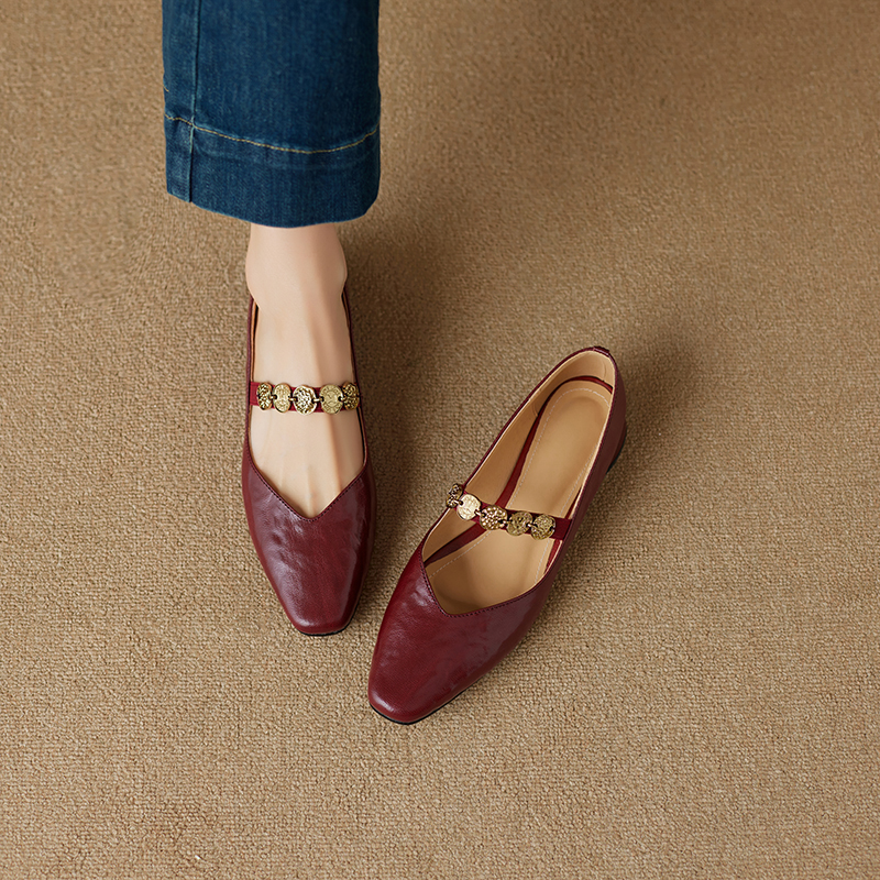 Genuine Leather Square Toe Coin Mary Jane Shoes for Women - Retro Low Heel Versatile Flats in Italian Style Genuine Leather Square Toe Coin Mary Jane Shoes for Women - Retro Low Heel Versatile Flats in Italian Style