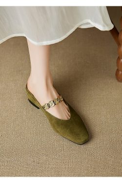 Genuine Leather Square Toe Gold Coin Slip-On Mules for Women - Summer Height-Increasing Closed-Toe Slippers
