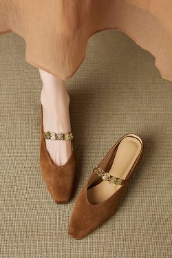 Genuine Leather Square Toe Gold Coin Slip-On Mules for Women - Summer Height-Increasing Closed-Toe Slippers