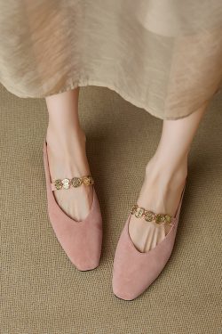 Genuine Leather Square Toe Gold Coin Slip-On Mules for Women - Summer Height-Increasing Closed-Toe Slippers