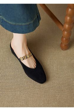 Genuine Leather Square Toe Gold Coin Slip-On Mules for Women - Summer Height-Increasing Closed-Toe Slippers