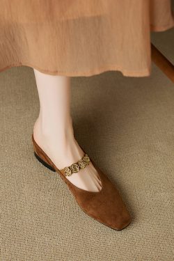 Genuine Leather Square Toe Gold Coin Slip-On Mules for Women - Summer Height-Increasing Closed-Toe Slippers