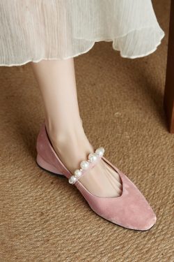 Genuine Leather Square Toe Mary Jane Shoes for Women - Elegant Mid Chunky Heel Pearl Flats, 2025 Style, Versatile Fashion Footwear