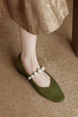 Genuine Leather Square Toe Mary Jane Shoes for Women - Elegant Mid Chunky Heel Pearl Flats, 2025 Style, Versatile Fashion Footwear