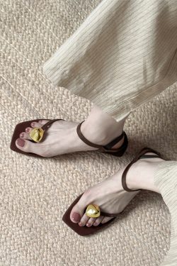 Genuine Leather Square Toe Metal Buckle Clip Toe Sandals for Women - Summer Elegant Low Heel One Strap Footwear