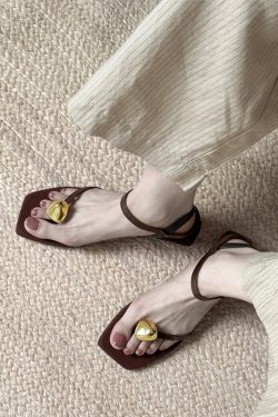 Genuine Leather Square Toe Metal Buckle Clip Toe Sandals for Women - Summer Elegant Low Heel One Strap Footwear