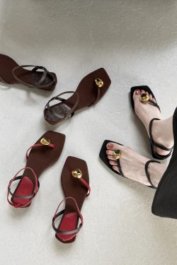 Genuine Leather Square Toe Metal Buckle Clip Toe Sandals for Women - Summer Elegant Low Heel One Strap Footwear