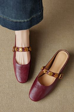 Genuine Leather Square Toe One-Strap Mule Slippers for Women - Summer 2025 Hidden Height Closed-Toe Fashion Footwear