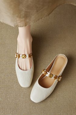 Genuine Leather Square Toe One-Strap Mule Slippers for Women - Summer 2025 Hidden Height Closed-Toe Fashion Footwear