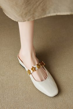 Genuine Leather Square Toe One-Strap Mule Slippers for Women - Summer 2025 Hidden Height Closed-Toe Fashion Footwear