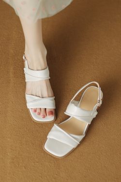 Genuine Leather Square-Toe Open-Toe Chunky High Heel Sandals for Women - Versatile Summer 2025 One-Strap Style