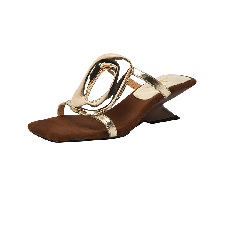 Genuine Leather Square Toe Wedge Slide Sandals for Women with Metal Square Buckle - Italian Corso Venezia Style Genuine Leather Square Toe Wedge Slide Sandals for Women with Metal Square Buckle - Italian Corso Venezia Style