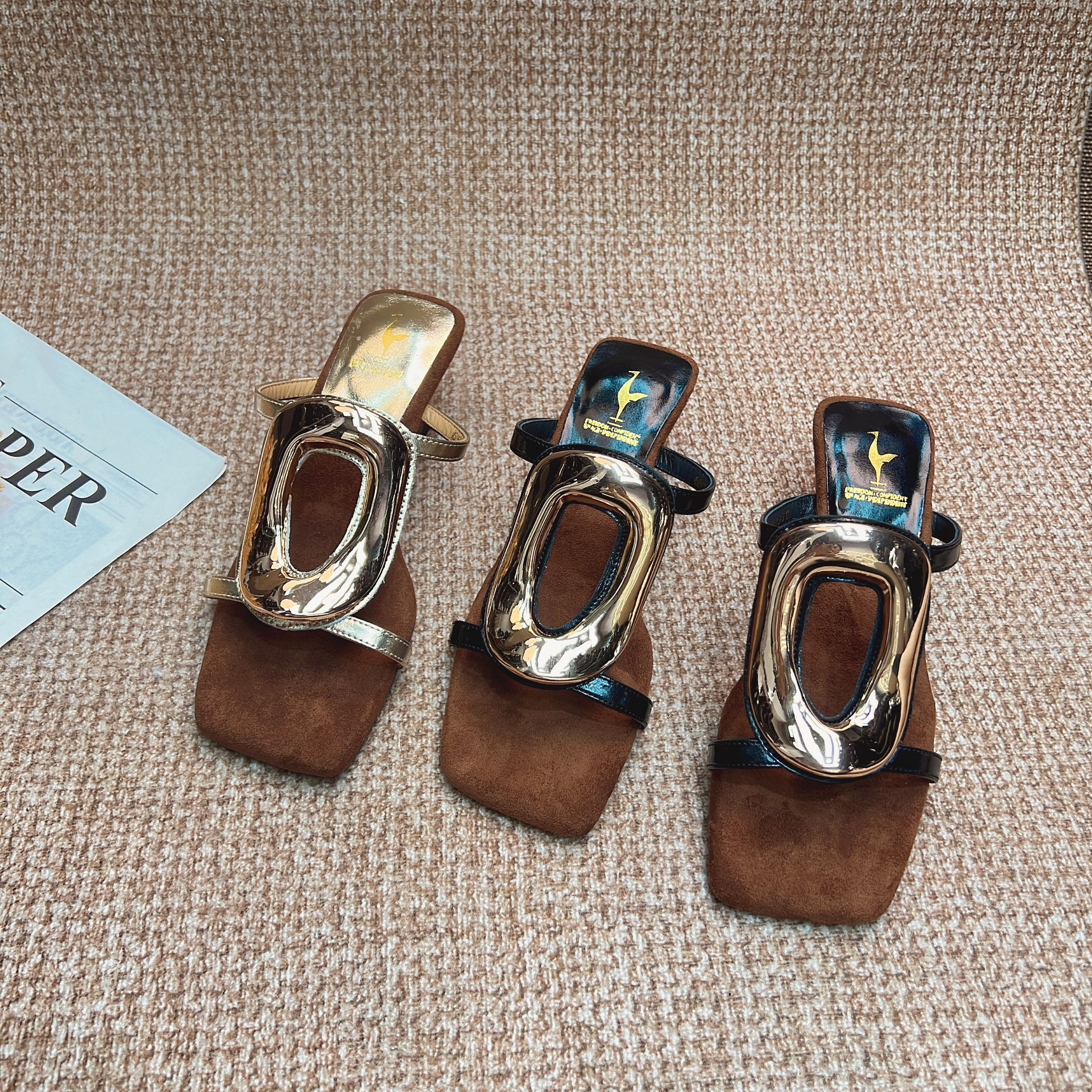 Genuine Leather Square Toe Wedge Slide Sandals for Women with Metal Square Buckle - Italian Corso Venezia Style Genuine Leather Square Toe Wedge Slide Sandals for Women with Metal Square Buckle - Italian Corso Venezia Style