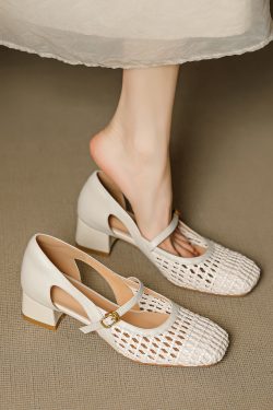 Genuine Leather Square Toe Woven Hollow Mary Jane Shoes for Women - 2025 Mid-Heel Strap Flats, Y2K Style