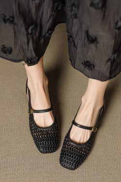 Genuine Leather Square Toe Woven Hollow Mary Jane Shoes for Women - 2025 Mid-Heel Strap Flats, Y2K Style