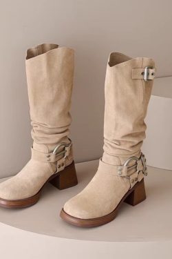 Genuine Leather Suede Western Cowboy Knight Boots for Women - High Tube Long Fashion Boots with Belt Buckle, Trendy Style