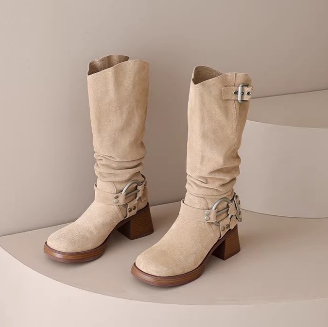 Genuine Leather Suede Western Cowboy Knight Boots for Women - High Tube Long Fashion Boots with Belt Buckle, Trendy Style Genuine Leather Suede Western Cowboy Knight Boots for Women - High Tube Long Fashion Boots with Belt Buckle, Trendy Style