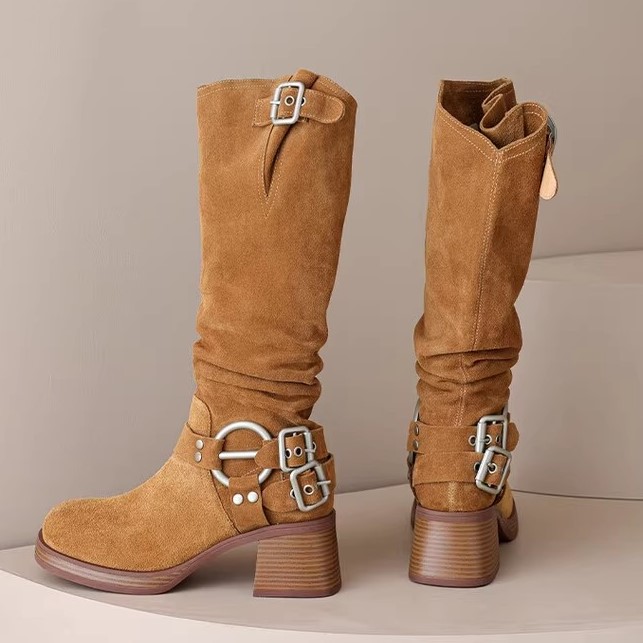 Genuine Leather Suede Western Cowboy Knight Boots for Women - High Tube Long Fashion Boots with Belt Buckle, Trendy Style Genuine Leather Suede Western Cowboy Knight Boots for Women - High Tube Long Fashion Boots with Belt Buckle, Trendy Style