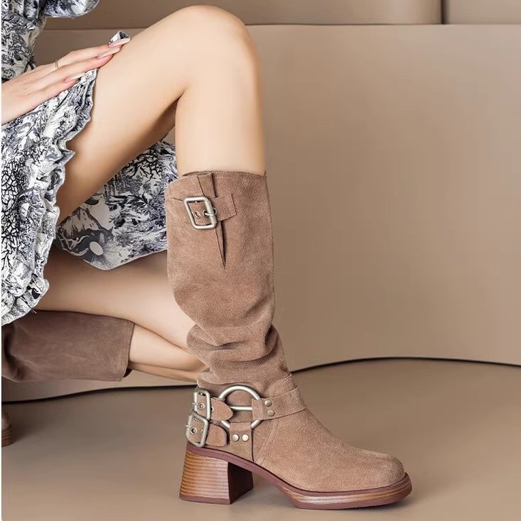 Genuine Leather Suede Western Cowboy Knight Boots for Women - High Tube Long Fashion Boots with Belt Buckle, Trendy Style Genuine Leather Suede Western Cowboy Knight Boots for Women - High Tube Long Fashion Boots with Belt Buckle, Trendy Style