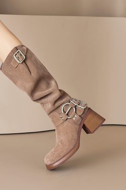 Genuine Leather Suede Western Cowboy Knight Boots for Women - High Tube Long Fashion Boots with Belt Buckle, Trendy Style